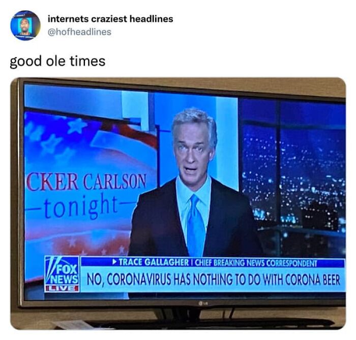 Unhinged news headlines broadcast on TV clarifying that coronavirus has nothing to do with Corona beer.