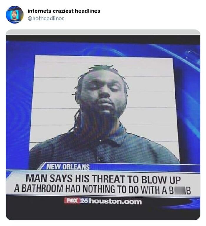 A mugshot on a news report with a humorous headline, showcasing funny news headlines