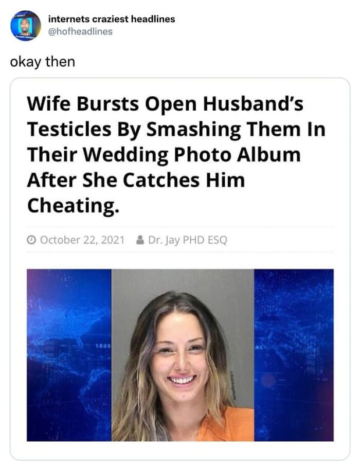 A social media post with a bizarre headline about a domestic dispute, illustrating crazy news stories