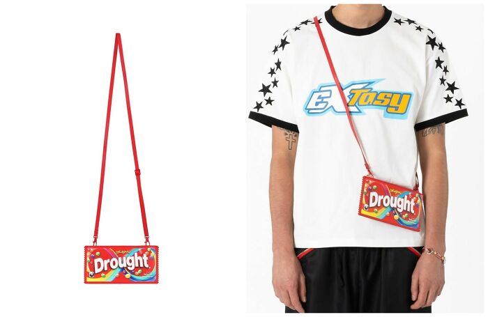 Early internet nostalgia handbag inspired by a candy box and worn as a crossbody bag