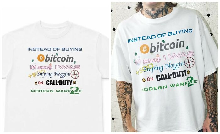 A white graphic t-shirt about Bitcoin and Call of Duty featuring early internet nostalgia design