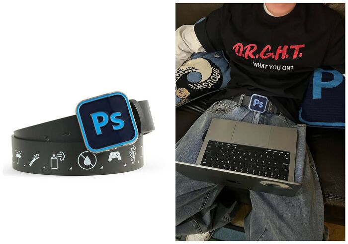 Black belt with Photoshop logo buckle, early internet nostalgia real-life objects