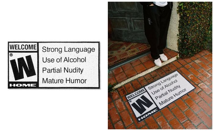 ESRB rated welcome home door mat, early internet nostalgia real-life objects