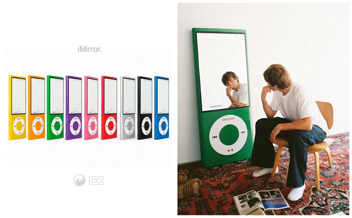 A large mp3 player-shaped mirror representing early internet nostalgia