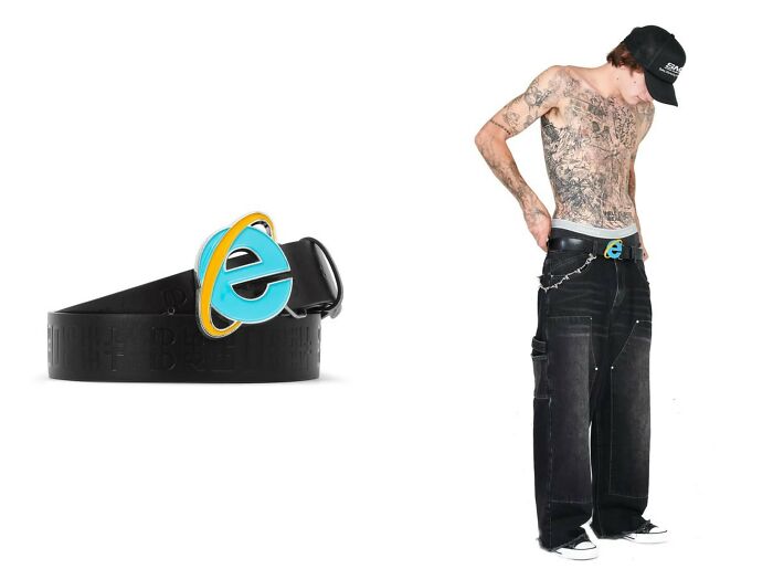 Black leather belt with a classic internet browser logo buckle depicting internet nostalgia