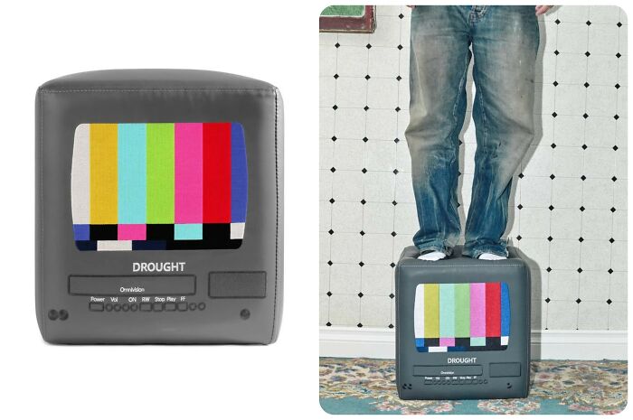 Grey retro TV ottoman stool with test pattern screen, early internet nostalgia