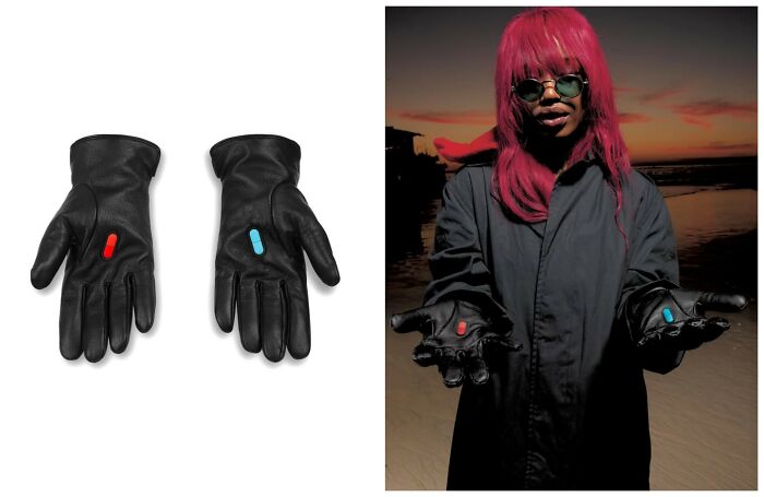 Early internet nostalgia gloves featuring a red pill and blue pill on the palms