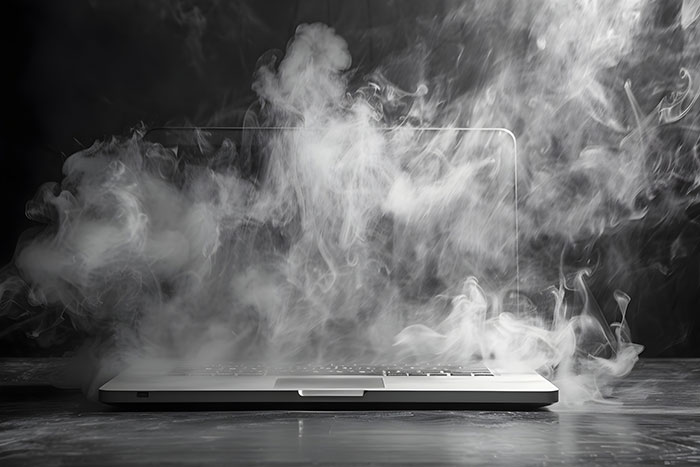Heavy smoke rises from an overheating laptop in a worst-case scenario tech failure.