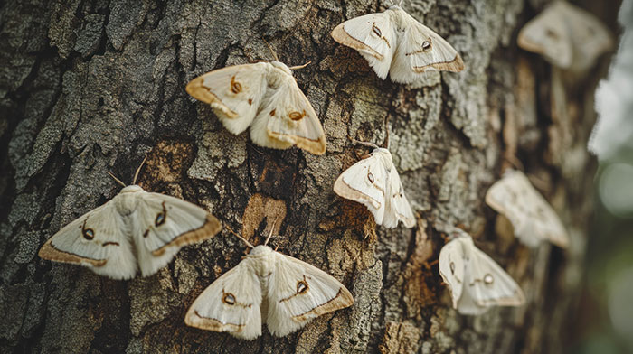 Multiple large moths resting on tree bark, representing an unsettling worst-case scenario.