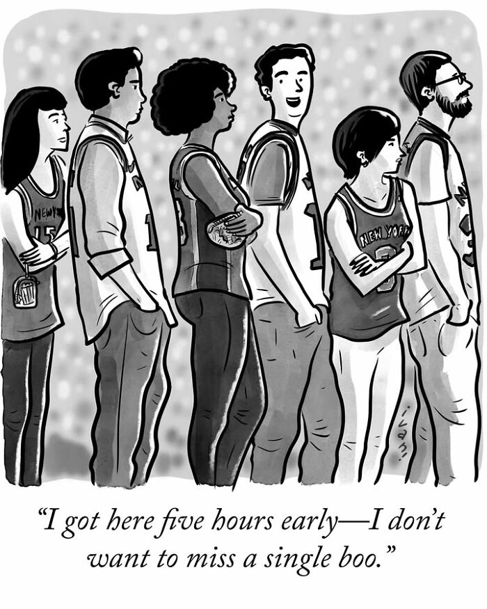 Ivan Ehlers cartoon featuring a line of sports fans eager to boo a team