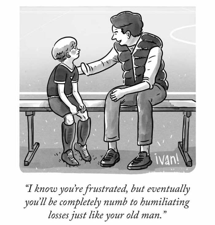 Cartoon by Ivan Ehlers depicts a coach comforting a young soccer player about losing