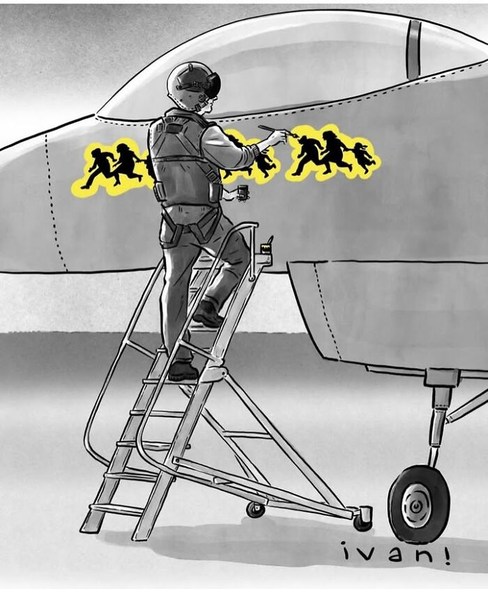 Single-panel political cartoon of soldier painting immigrant silhouettes on a plane