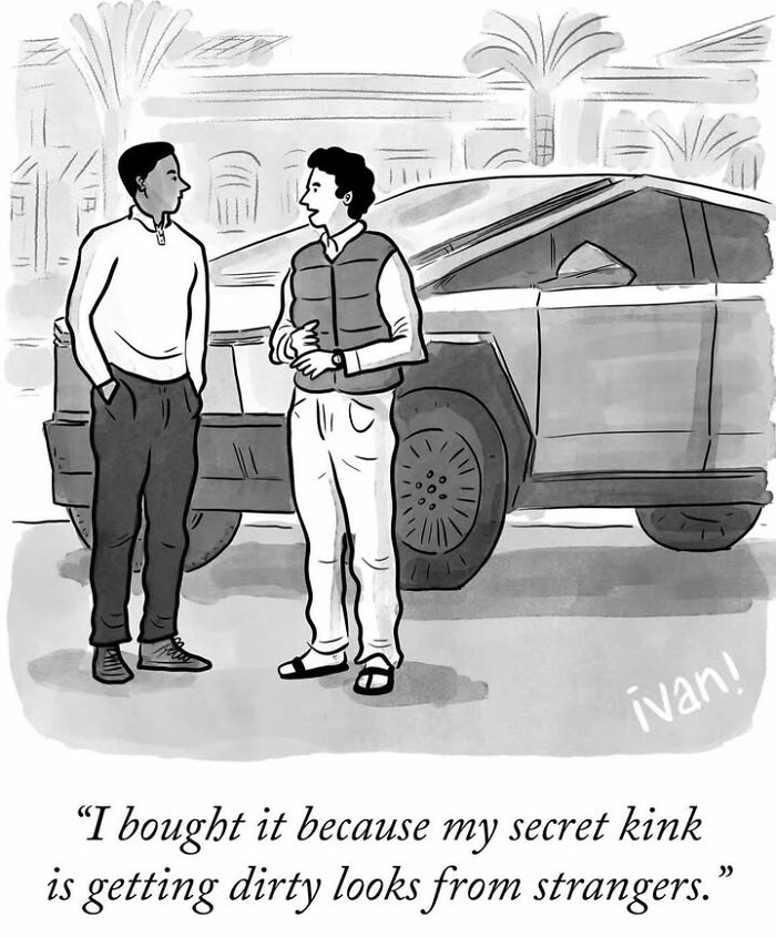 Cartoon of two men by a car discussing a secret kink about dirty looks, political cartoon style