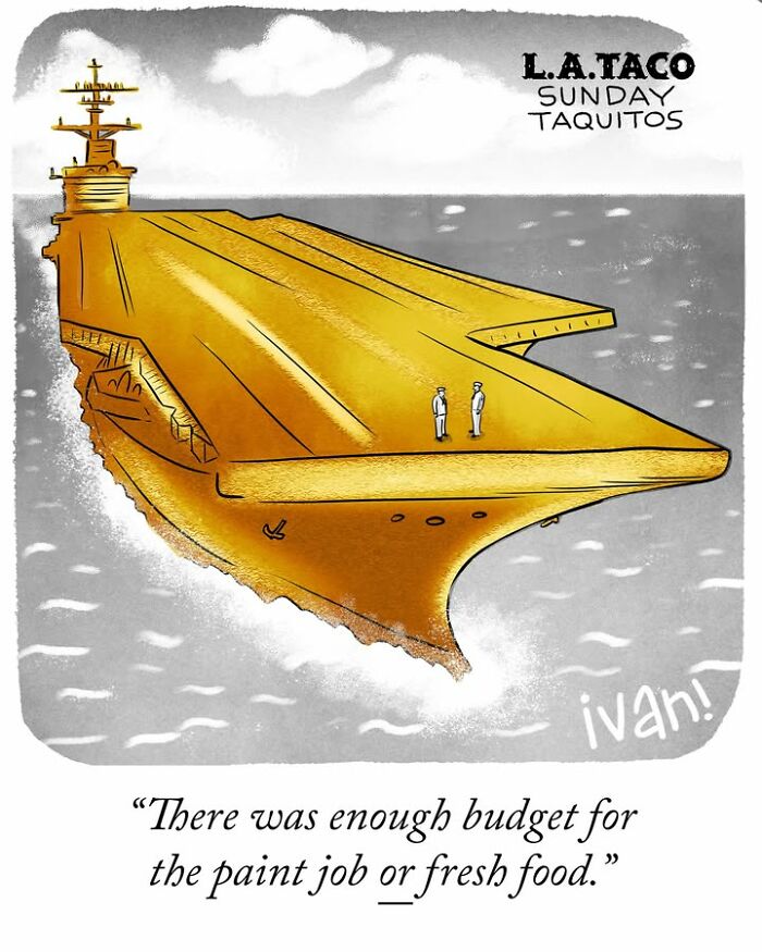 Cartoon of two men on a large golden aircraft carrier discussing budget priorities