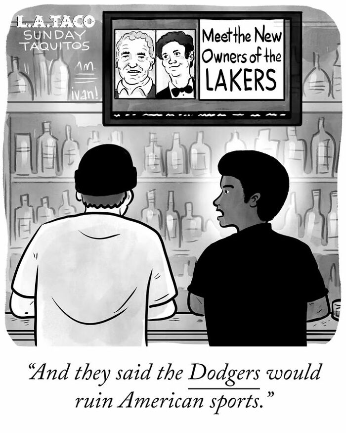Two men watching TV news about new Lakers owners in social commentary cartoon