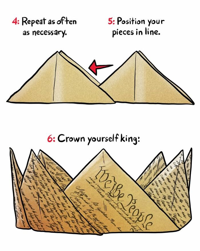 Step-by-step cartoon instructions demonstrating how to fold scrap paper into triangles
