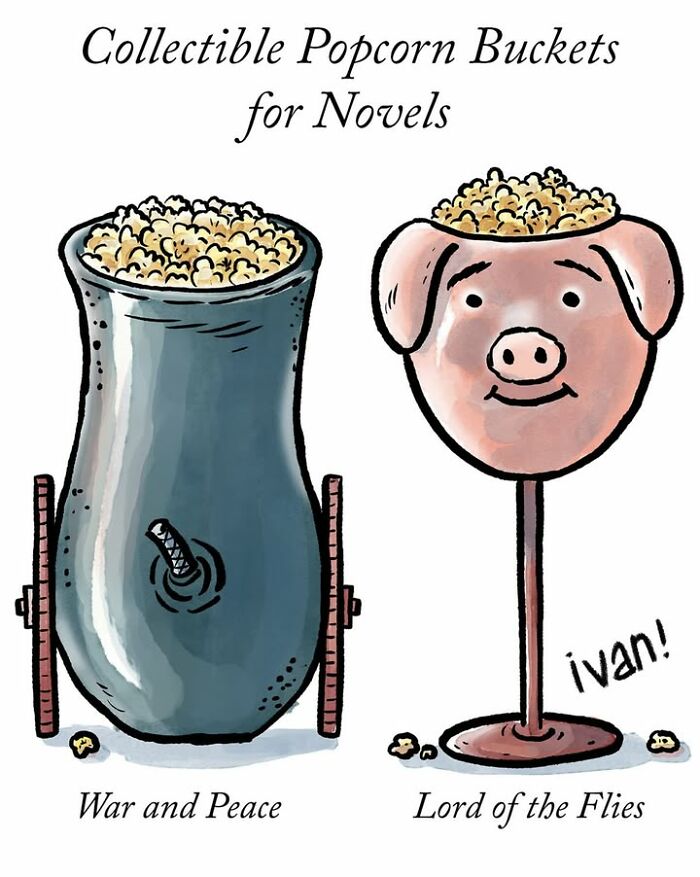 Collectible popcorn buckets cartoon with illustrations inspired by War and Peace and Lord of the Flies novels