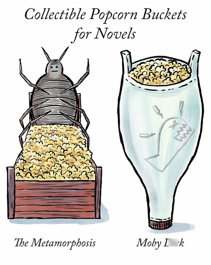 Collectible popcorn buckets cartoon featuring a bug from The Metamorphosis and a whale from Moby D**k novels