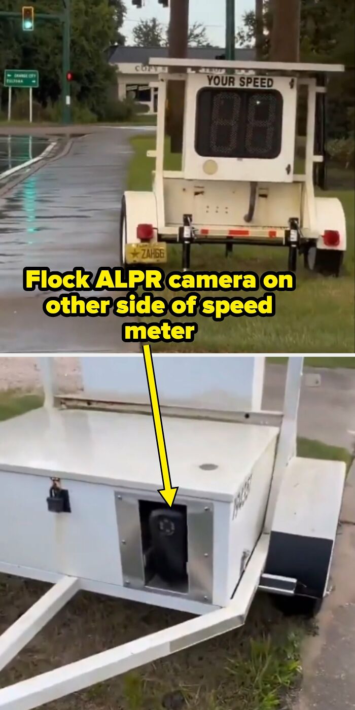 A speed trailer with a hidden Flock ALPR camera, a symbol of surveillance in modern life in America