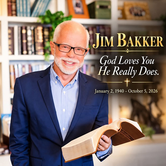 Memorial graphic of televangelist Jim Bakker holding a Bible in front of a bookshelf Memorial graphic of televangelist Jim Bakker holding a Bible in front of a bookshelf