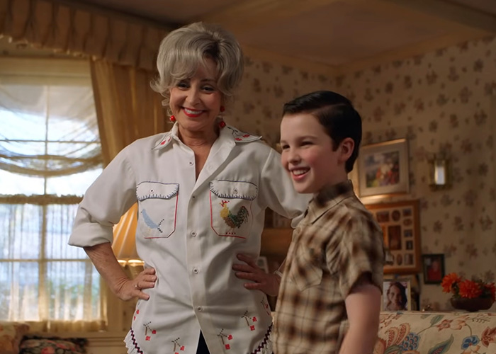 Annie Potts and Iain Armitage smiling together on the set of Young Sheldon. Annie Potts and Iain Armitage smiling together on the set of Young Sheldon.