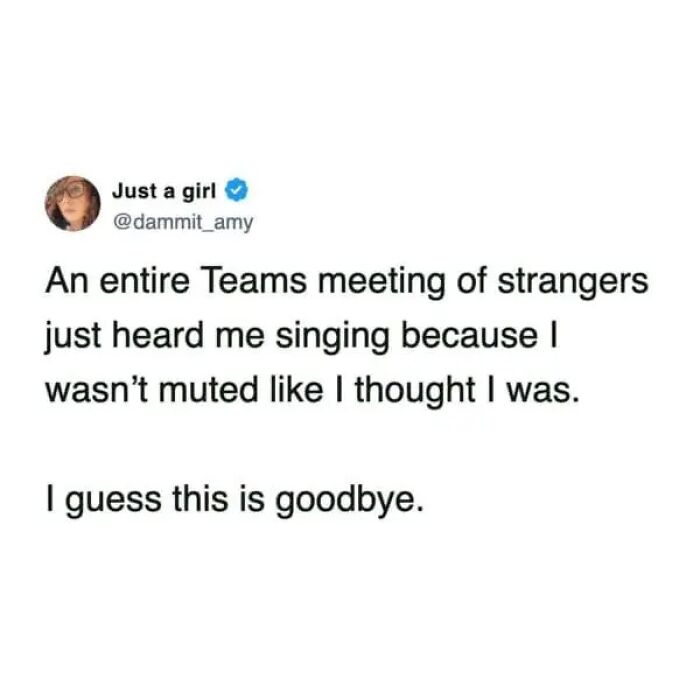 Funny work tweet about an embarrassing moment during a Microsoft Teams meeting with strangers.