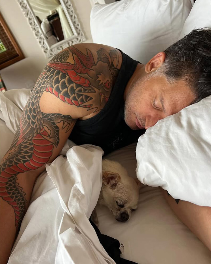 Joe Manganiello sleeping in bed next to a small dog, showing a large tattoo on his arm.