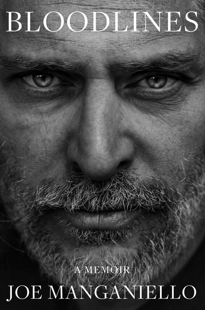 Close up book cover of Bloodlines A Memoir by Joe Manganiello in black and white Close up book cover of Bloodlines A Memoir by Joe Manganiello in black and white