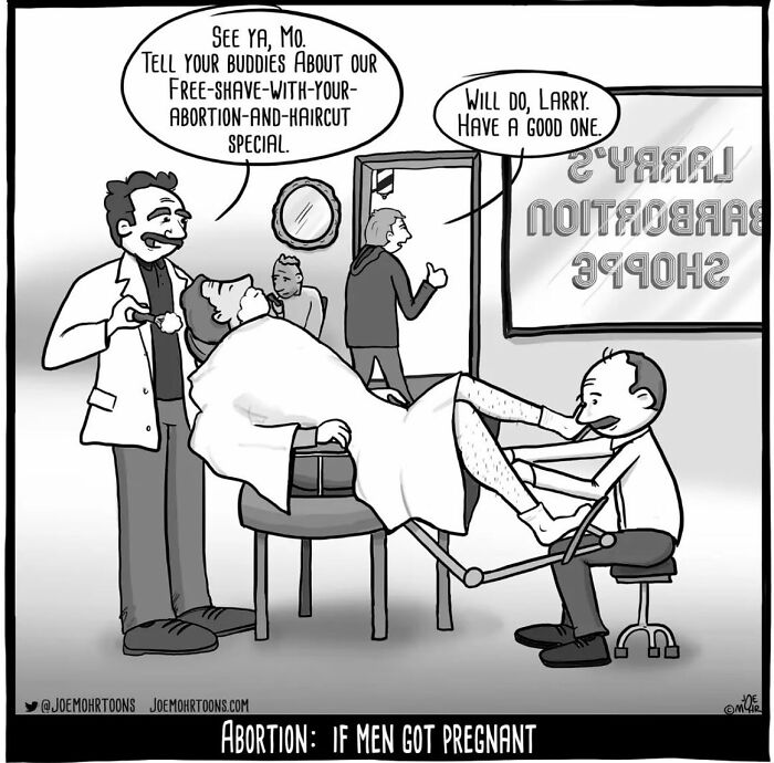 Darkly funny cartoon illustrating a satirical barber shop scene about abortion if men got pregnant by Joe Mohr