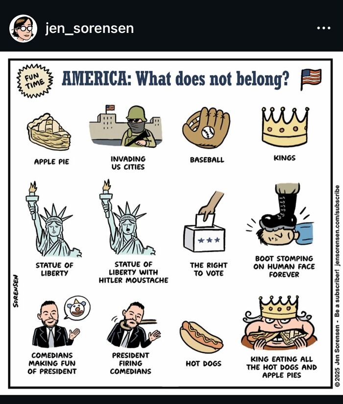 Cartoon quiz asking what does not belong among American icons and issues with dark humor