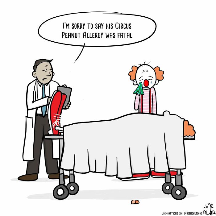 Darkly funny cartoon of a doctor telling a sad clown about a fatal peanut allergy.