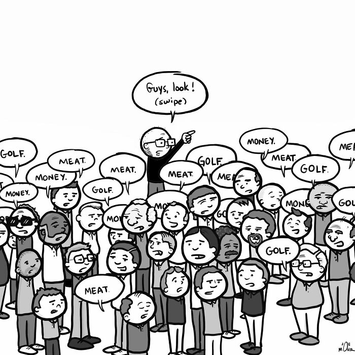 Cartoon depicting a crowd with speech bubbles saying golf, meat, and money, with a man pointing.
