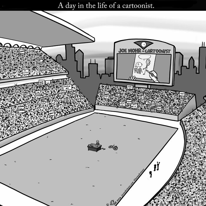 Cartoon showing a stadium with crowd signs illustrating a day in the life of a cartoonist.