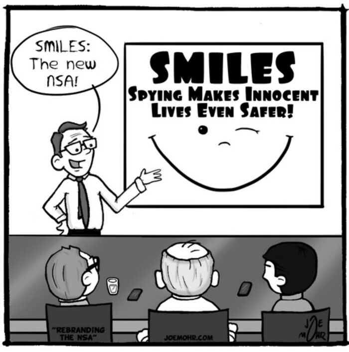 Cartoon presenting SMILES as a rebrand of NSA spying program