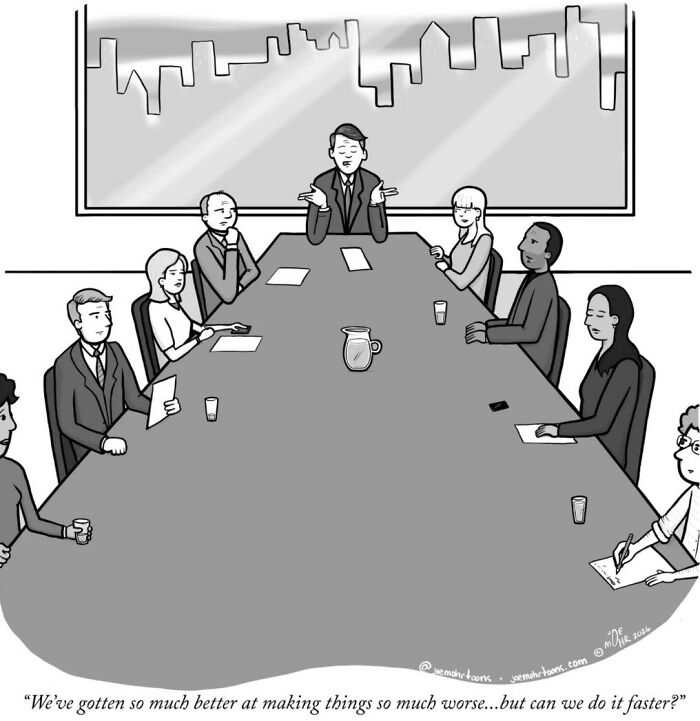 Office meeting cartoon about worsening problems moving faster