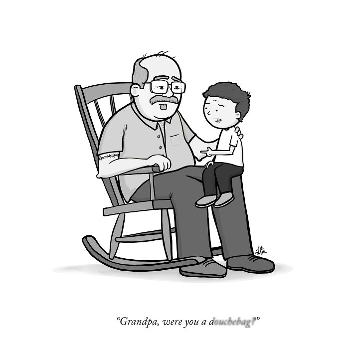 Cartoon of grandpa and child sharing a candid conversation in a rocking chair