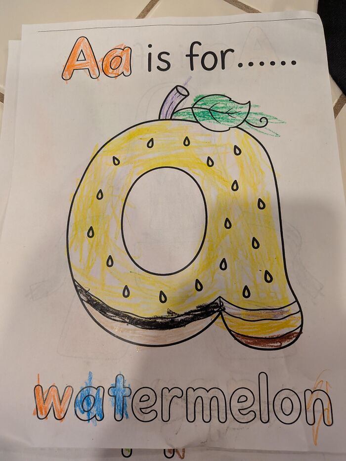 An absurd alphabet worksheet where the letter A is colored like a watermelon.