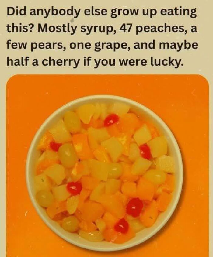 A bowl of canned fruit cocktail mix featured in nostalgic photos from 80s kids childhoods.