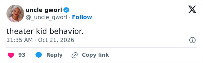A social media comment calling a Hollywood actress tribute to a late co-star theater kid behavior.