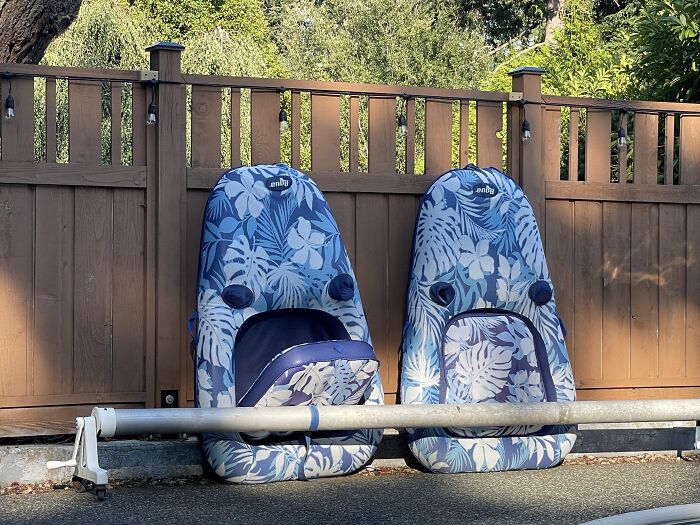 Two inflatable blue pool loungers leaning against a wooden fence, one absurd moment showing a seat upside down.