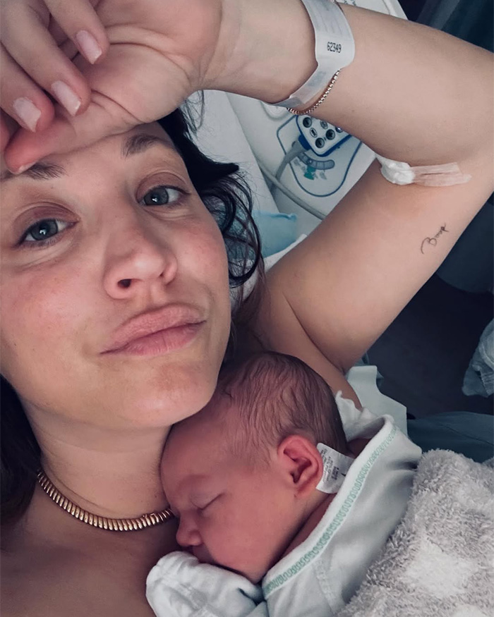Kaley Cuoco resting with newborn baby on her chest in hospital Kaley Cuoco resting with newborn baby on her chest in hospital