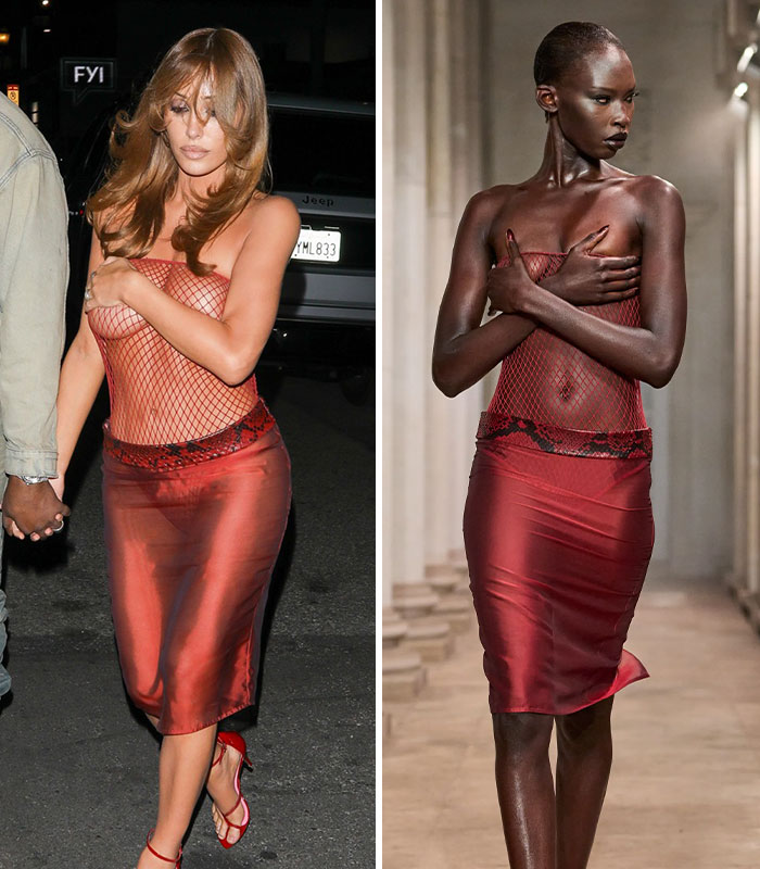 Side by side comparison of Bianca Censori and a runway model wearing a red fishnet outfit