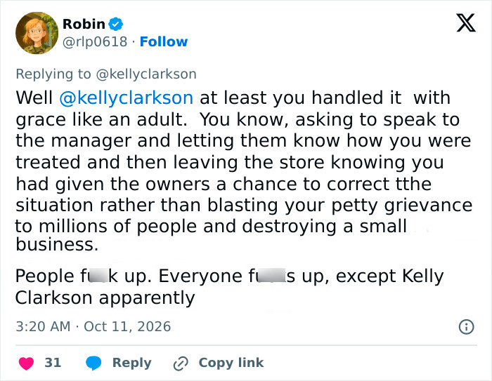 A post criticizing Kelly Clarkson after she blasts a Brooklyn store for allegedly assuming she cannot afford products.