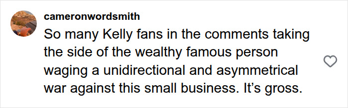 Comment discussing Kelly Clarkson feud and small business from store footage