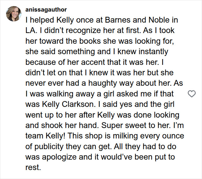 Comment supporting Kelly Clarkson in store feud and publicity