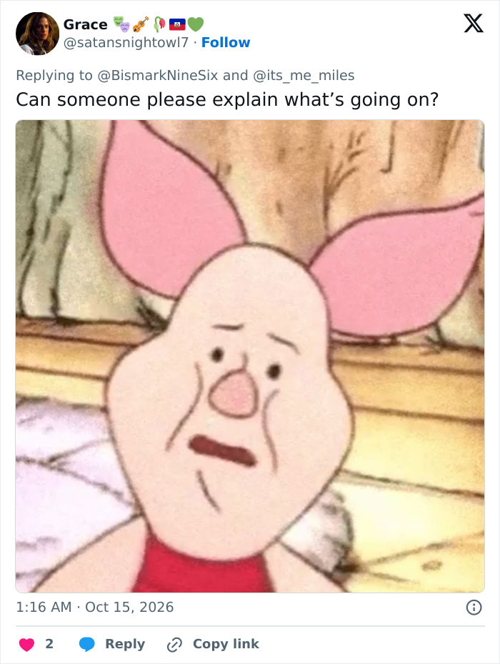 Social media post with confused cartoon piglet, referencing viral transformation and women in Trump's circle Social media post with confused cartoon piglet, referencing viral transformation and women in Trump's circle