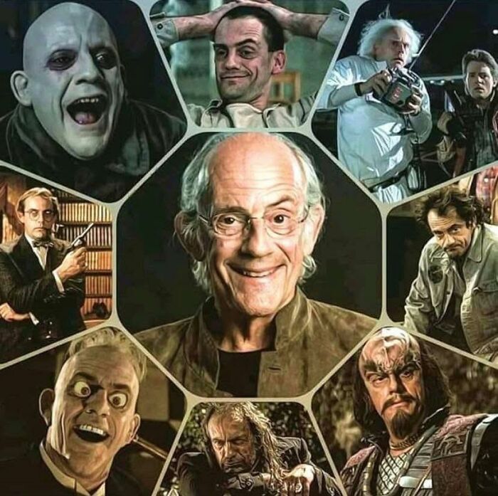 Collage of iconic Christopher Lloyd movie characters, featured in nostalgic photos for 80s kids.