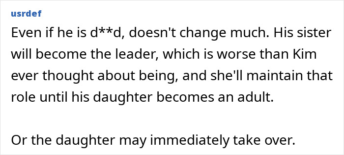 Comment by usrdef speculating on succession rumors regarding Kim Jong Un sister and daughter Comment by usrdef speculating on succession rumors regarding Kim Jong Un sister and daughter