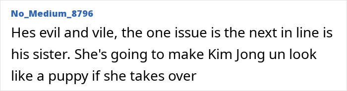 A comment about Kim Jong Un sister potentially taking over power in North Korea. A comment about Kim Jong Un sister potentially taking over power in North Korea.