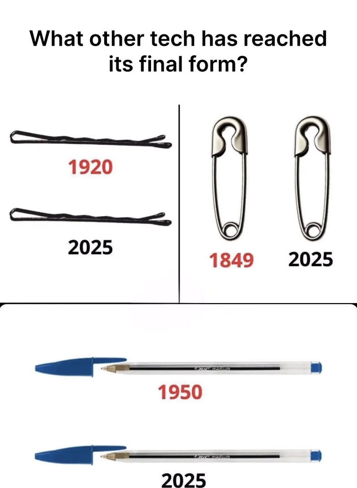 Comparison of old and modern bobby pins, safety pins, and pens highlighting tech evolution
